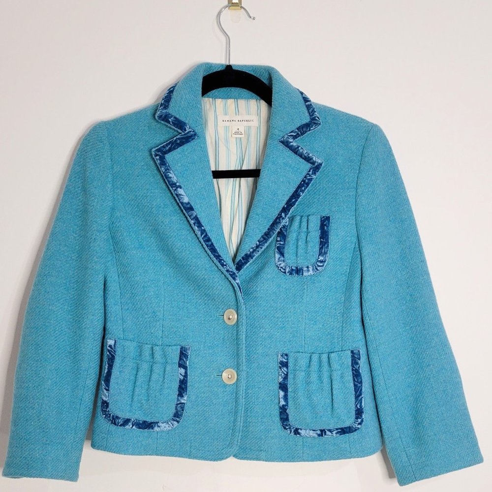 Banana Republic Turquoise Tweed Velvet Wool Blazer, Size 4